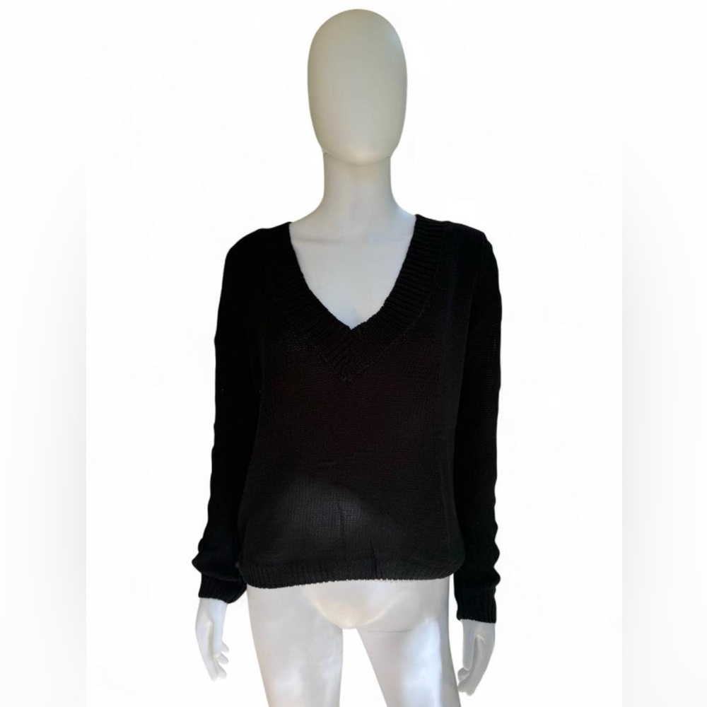 Ninie Black Cropped V-Neck Knit Sweater | Braided Sleeve Detail | Size S